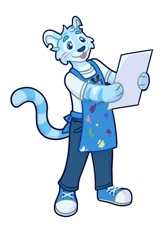 An anthropomorphic sky blue feline wearing a paint splattered arpron holds a paper or canvas out, looking at the side we can't see with joy.