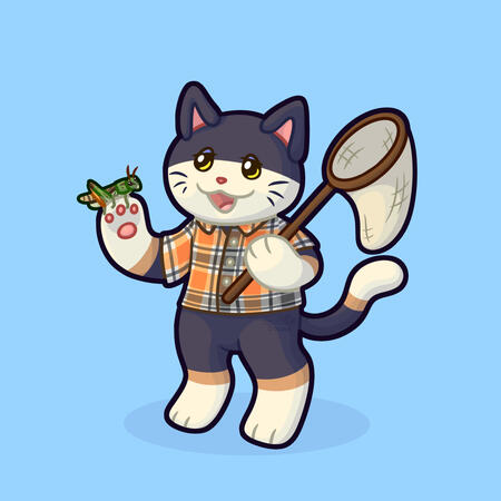 A digital drawing of Punchy the cat holding a net over his shoulder in one hand and a grasshopper in the other.