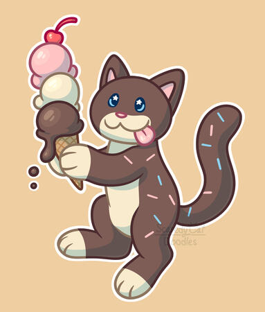A digital drawing of a chocolate tuxedo cat holding a triple scoop neopolition ice cream cone. They have sprinkles on their back, stars in their eyes, and their tongue sticking out the side of their mouth.