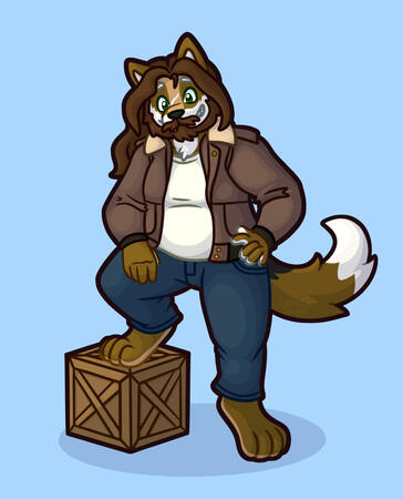 A digital drawing of a brown anthropomorphic wolf standing with one foot on a wooden crate on a light blue background.
