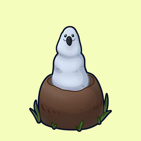 A digital drawing of an albatross chick sitting in a nest facing the viewer.