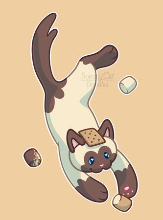 A digital drawing of a colorpoint cat with a graham cracker on its head. There are 3 marshmallows, one burnt, one untoasted, and one perfectly toasted. The cat is playing with the perfectly toasted marshmallow.